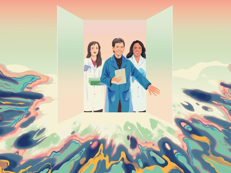 drawing of 3 female researchers in lab coats opening doors